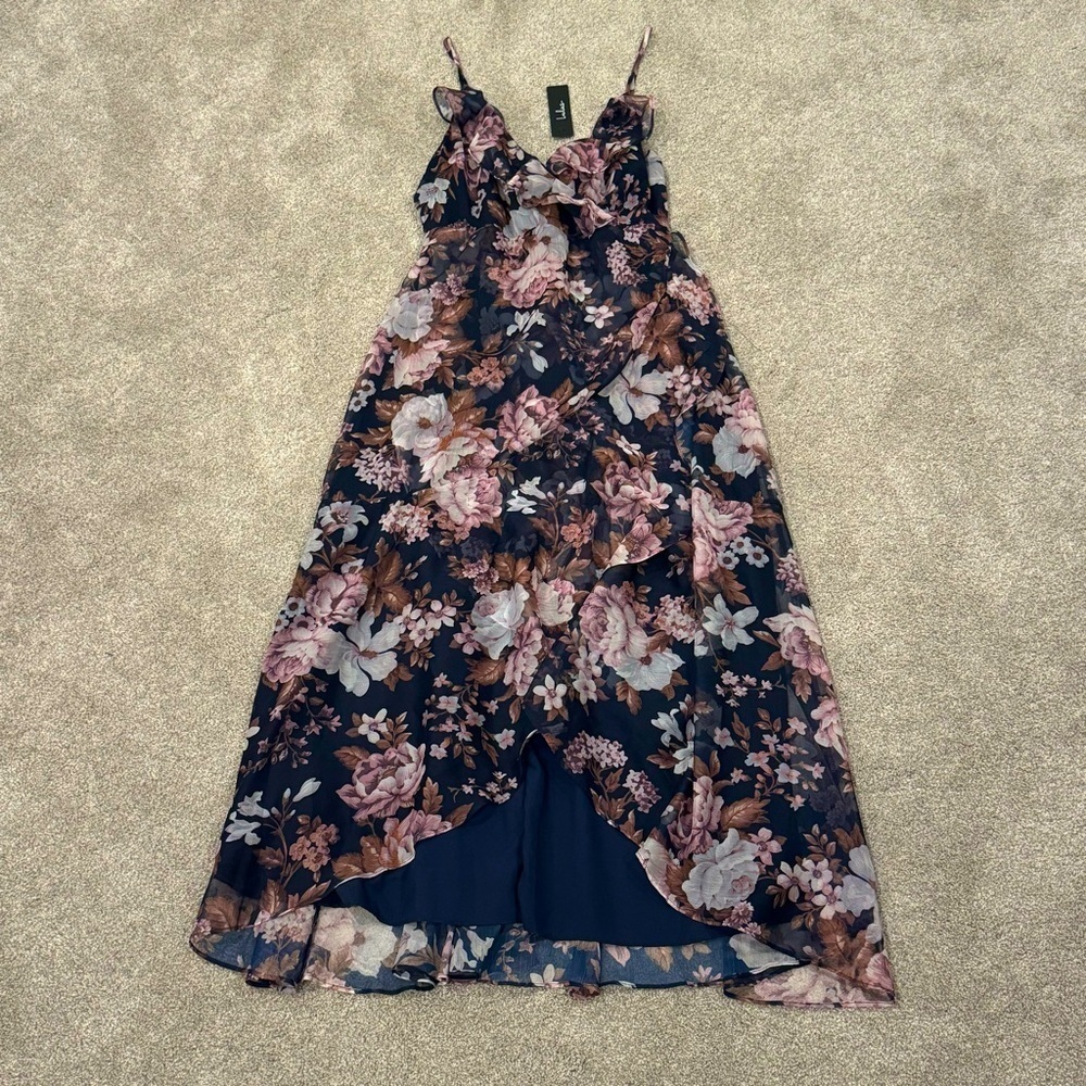 NWT Lulu’s Navy Floral Spaghetti Strap High Low Midi Dress Size Large
